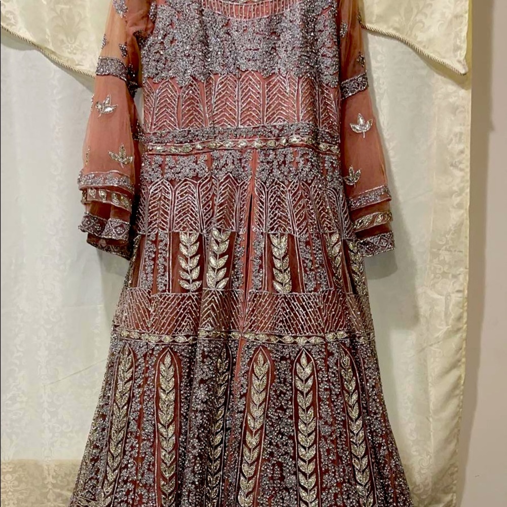 Net long jacket with stone work long dress